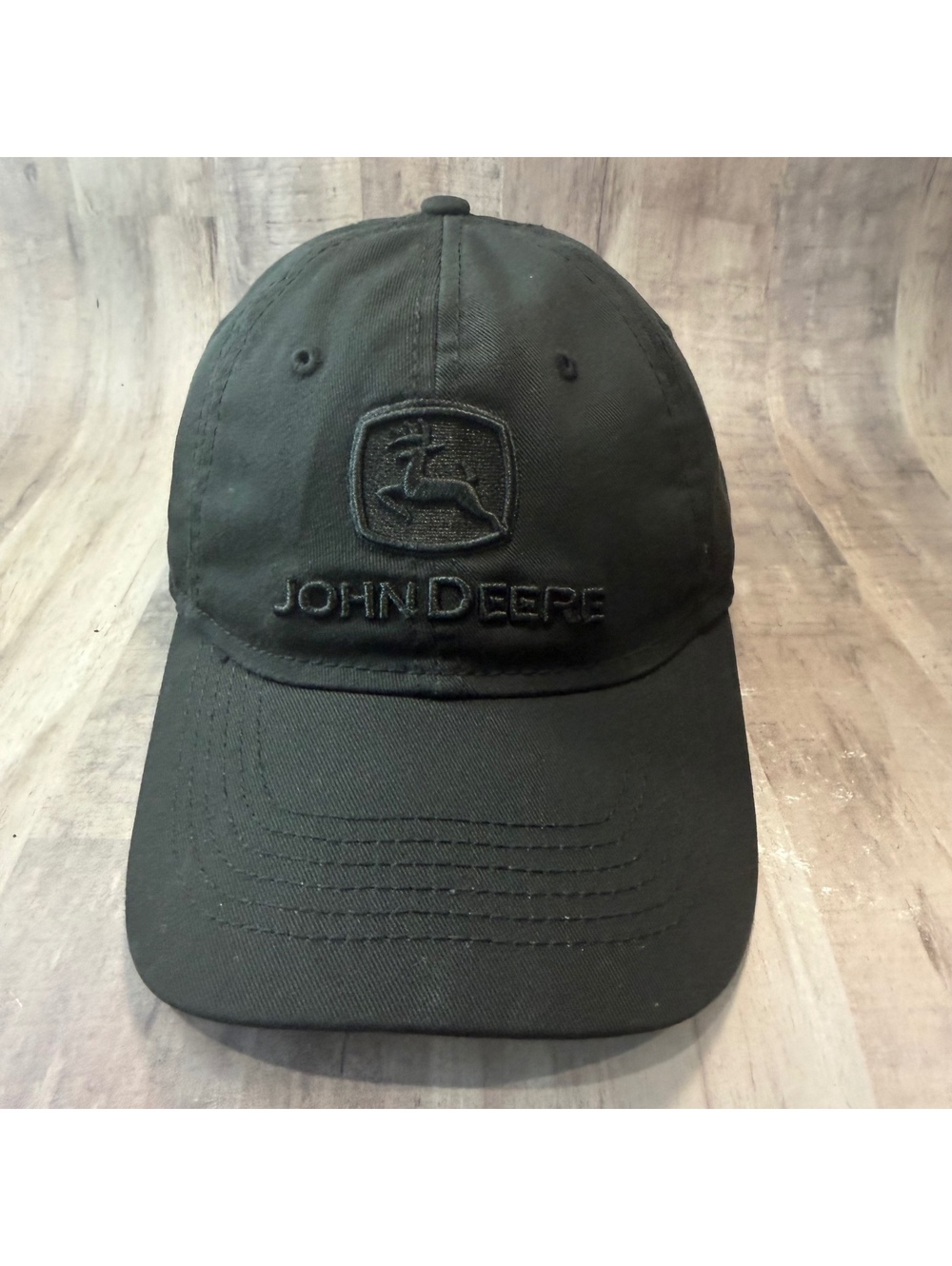 John Deere All Black Hat Embroidered Adjustable Strap Back Cap Black on Black